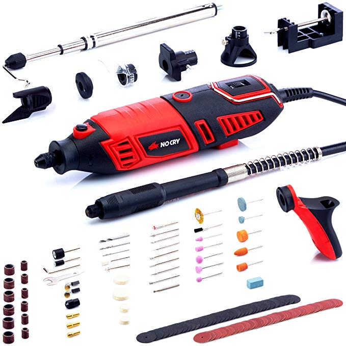 NoCry Professional Rotary Tool Kit - Heavy Duty 170W/1.4A Electric Motor, 8,000-35,000 rpm, 10 Attachments & 125 Accessories Included