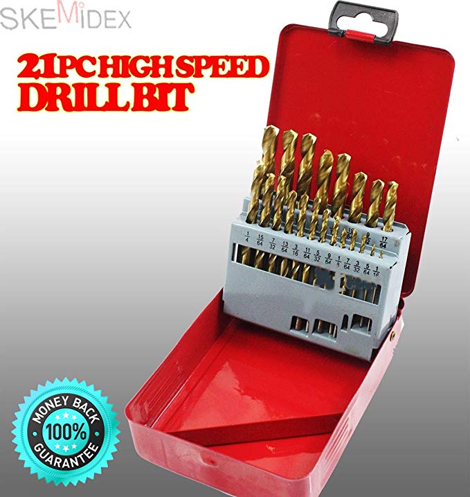 SKEMiDEX---Pro 21pc Drill Bit Set High Speed Bits Steel Titanium Drill Bits. High speed steel drill bits coated with long lasting titanium nitride Multi-purpose use for wood, plastic and metal