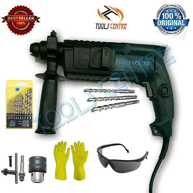 TOOLSCENTRE Tools Centre Powerful Heavy Duty Rotary Hammer Machine With A Carry Case + 3 Pcs Hammer Drill Bits + Chuck & Adapter & Free Combo.